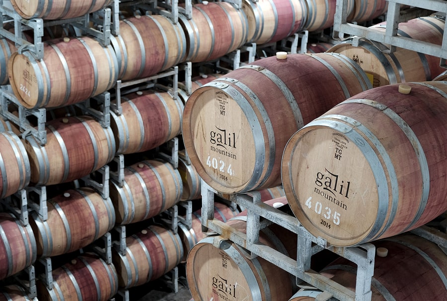 Drums of wine at the warehouse of the Galil winery